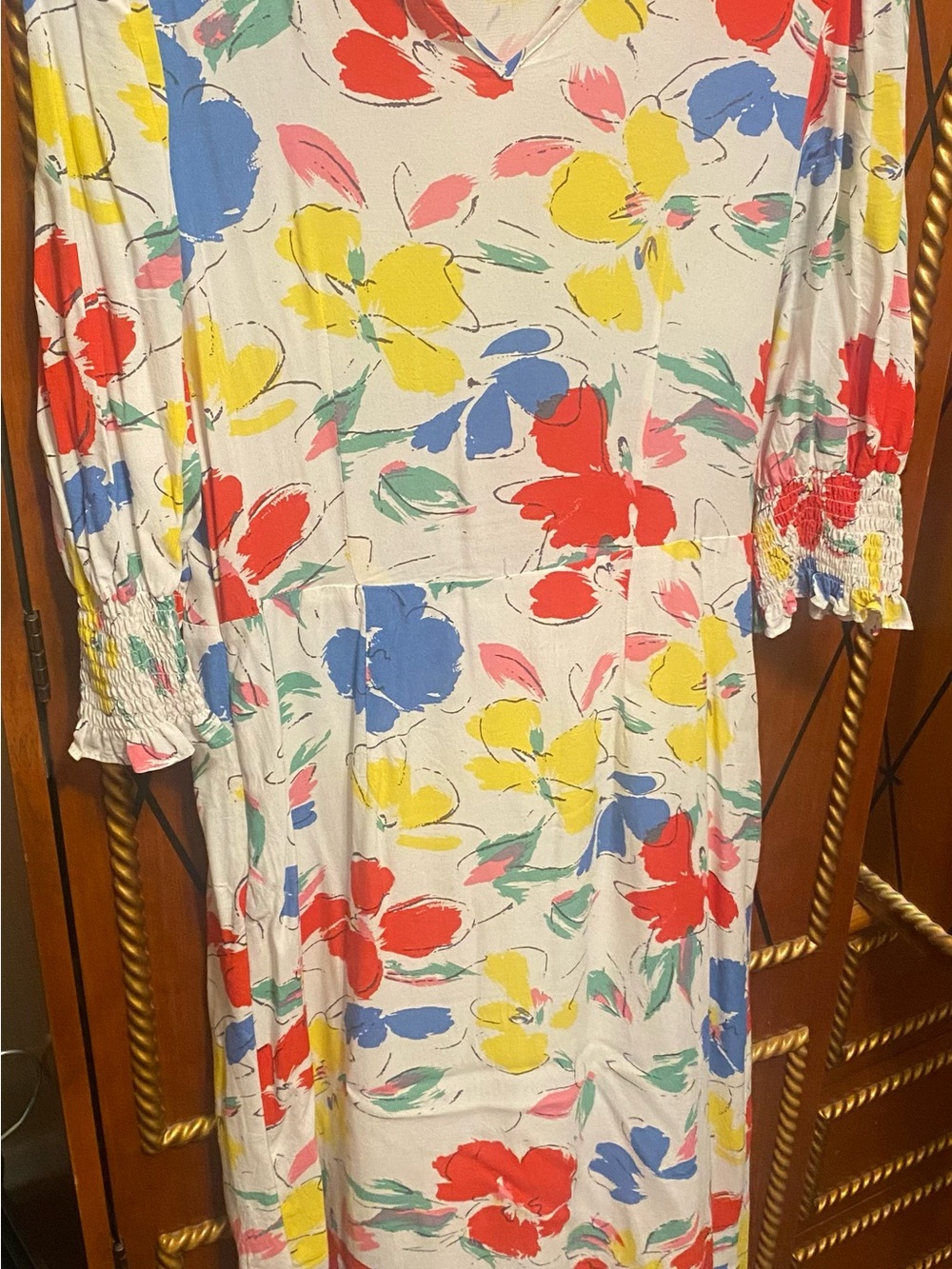 RIXO White Floral Midi Dress with Red, Blue & Yellow Blooms Vintage